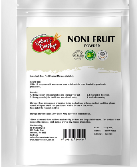 Package of Nature's Basket Noni Fruit Powder with label and branding details.