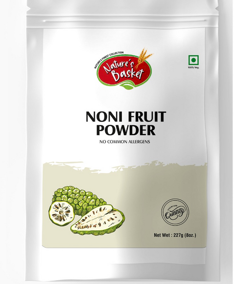 Front image of Natures Basket Noni Fruit Powder 227g – pure Morinda citrifolia herbal supplement in eco-friendly pouch.