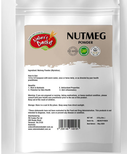 Nutmeg powder package with label on a white background