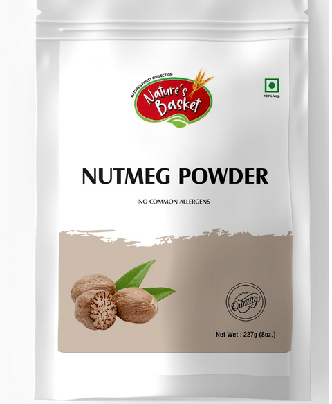 Front view of Natures Basket Nutmeg Powder – 227g pouch for digestion, sleep, and Ayurvedic wellness.