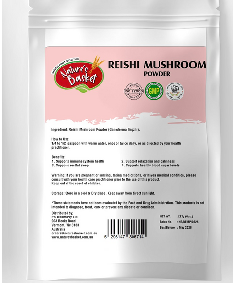 Reishi mushroom powder package with label on a white background