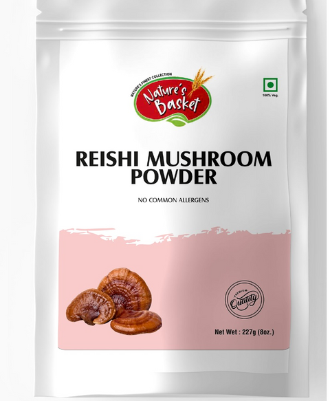 Natures Basket Reishi Mushroom Powder – 227g pouch front and back view
