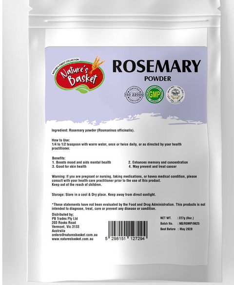 Rosemary powder package with label on a white background