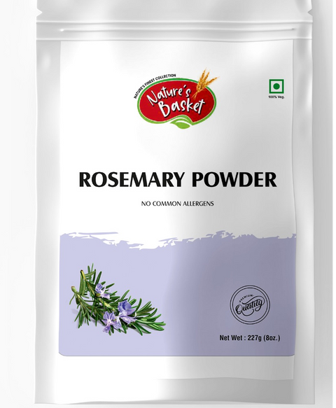 Front view of Natures Basket Rosemary Powder – 227g pouch made from pure Rosmarinus officinalis, ideal for hair, memory, and herbal wellness.