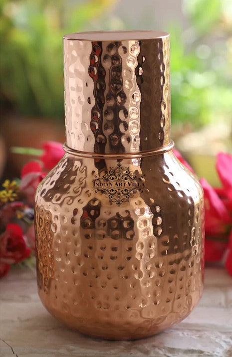 Copper Hammered Traditional Jug Shape bedroom bottle with inbuilt glass 1530ml