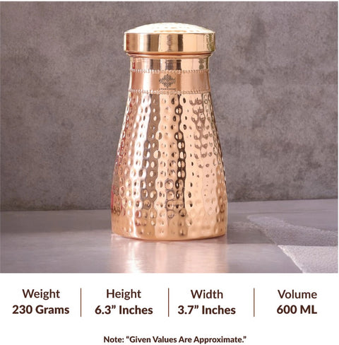 Copper Hammered Shine Design Bedroom Water Bottle with Inbuilt Glass 950ml