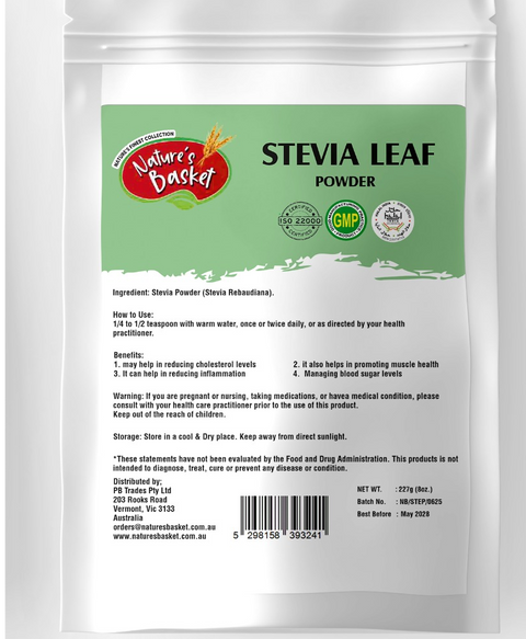 Stevia leaf powder package with label on a white background