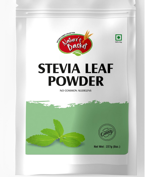 Front view of Natures Basket Stevia Leaf Powder – 227g pouch, a natural zero-calorie sweetener for health-conscious diets.