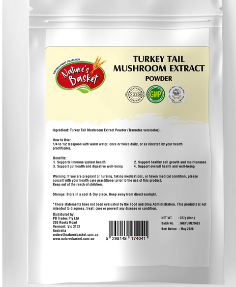 Package of Nature's Basket Turkey Tail Mushroom Extract Powder with label and branding details.