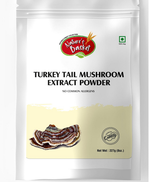 Front image of Natures Basket Turkey Tail Mushroom Extract Powder 227g – premium herbal immunity booster in eco-friendly packaging.