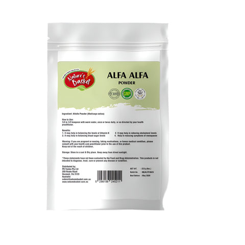 Package of Alfa Alfa powder with a label on a white background