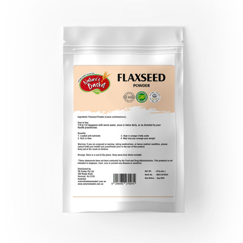 Nature's Basket Flaxseed Powder packaging on a white background